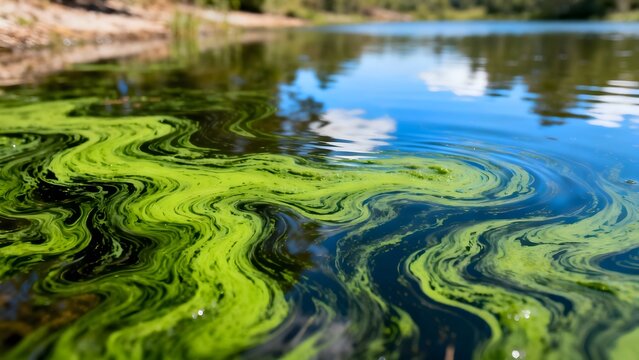 Vibrant Green Algal Bloom Swirling on the Surface of a Blue Lake Water