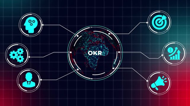 OKR Objectives and Key Results Management Concept with Global Business Performance Tracking and Strategic Goal Achievement Icons