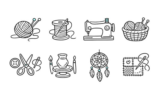 Collection of hand-drawn craft and hobby icons on a black background