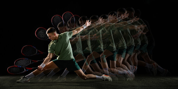 Stroboscopic tennis forehand lunge motion sequence on black background. Concept of explosive reach, controlled aggression, body mechanics, motion analysis, and performance marketing.