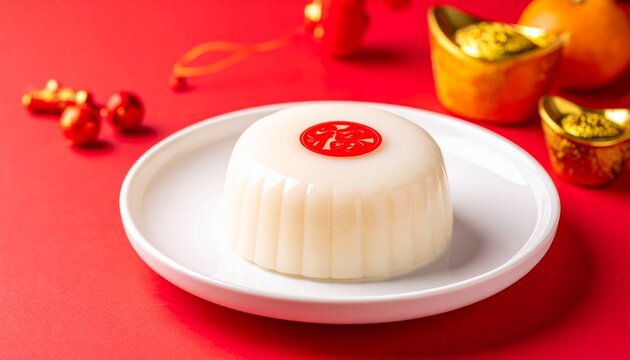 Traditional Chinese nian gao cake arranged on white ceramic plate, glossy sticky rice cake texture, red Chinese New Year background, golden ingot decorations, red fu symbol sticker on top, festive lun