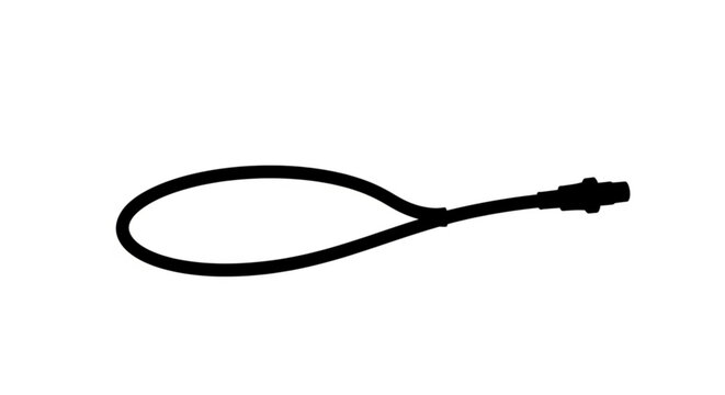 A black USB cable coiled into a loop on a plain white surface from a directly overhead viewpoint