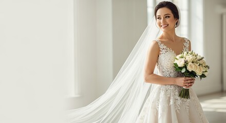 Beautiful Bride in Elegant Wedding Dress with Flowing Veil, Smiling Joyfully in Sunlit Room