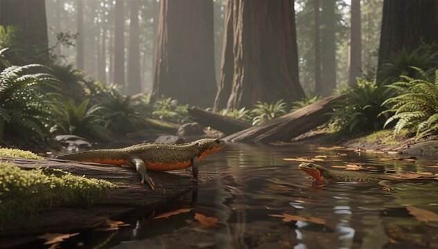 A male rough-skinned newt (Taricha granulosa) go to the pool searching for a female and mating at the great redwood forests in the Pacific Northwest.
