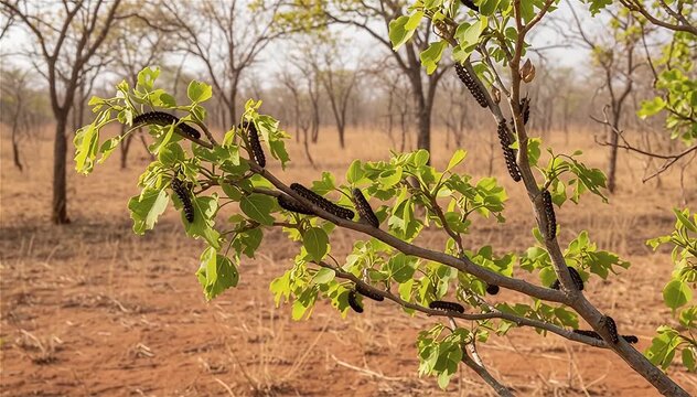 Close up of Mopane worms (Gonimbrasia belina) feed new leaves at dry season in the Miombo, the largest forest of Africa.
