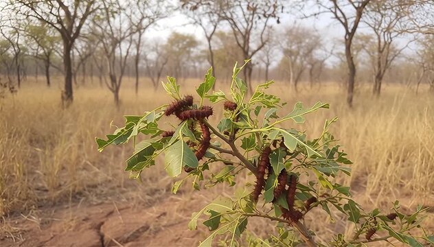 Close up of Mopane worms (Gonimbrasia belina) feed new leaves at dry season in the Miombo, the largest forest of Africa.
