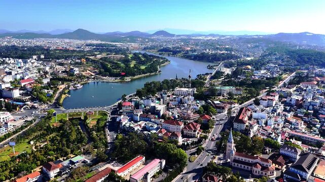Lam Vien Square in Da Lat city center, Vietnam, featuring modern architecture, open public space and iconic glass structures.