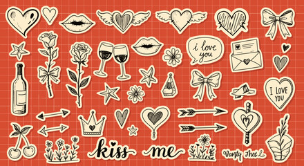 Vintage Valentine's Day Love Stickers Set on Red Background