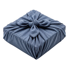 Dark blue fabric gift bag with drawstring closure tied at top