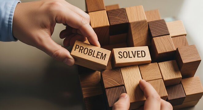 Hands Assembling Wooden Blocks with Problem Solved Text