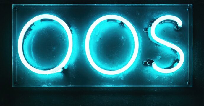 Bright neon sign displays OOS. Turquoise glow emanates from lettering against dark background. Minimalist design, modern aesthetic.
