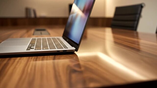 A modern laptop and a stack of white papers rest on a polished wooden table