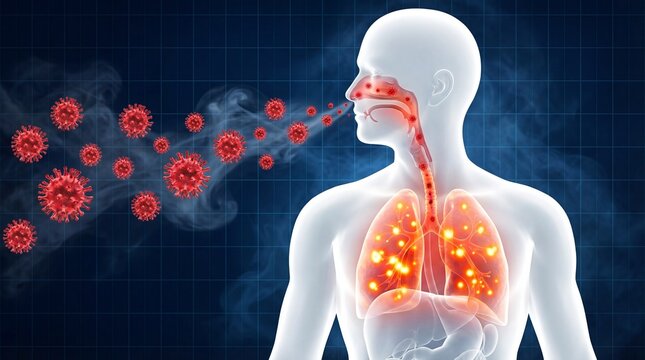 Viral infection spreading through respiratory system with glowing lungs