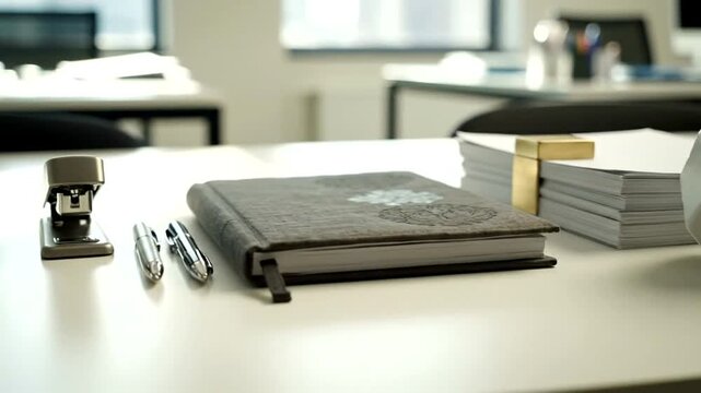 Desk with notebook, pens, and stapler in an office setting