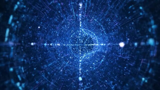 Blue abstract background with glowing dots and lines forming a circular pattern.