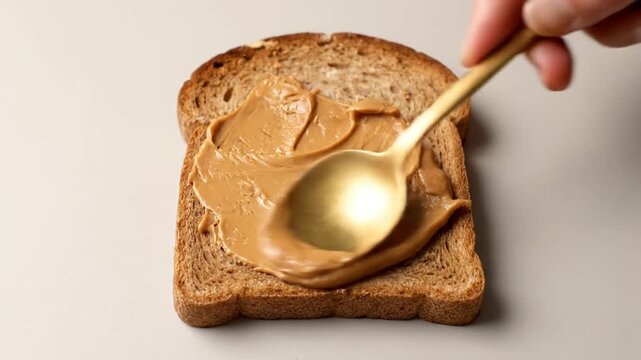 A hand applies creamy peanut butter to toasted bread using a gold spoon on a white surface from a top-down viewpoint