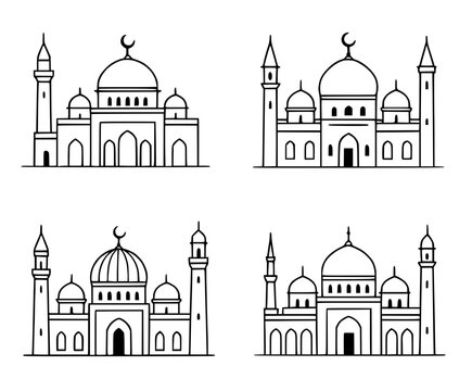Islamic icons for Ramadan or Eid al-Fitr, set of 4 vector illustrations of the Grand Mosque with outline design style