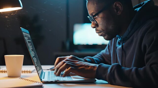Programmer coding on laptop at night office desk. Man developer works with computer code at desk. Programmer types on laptop at night. Developer coding with coffee and lamp. Night work at office.