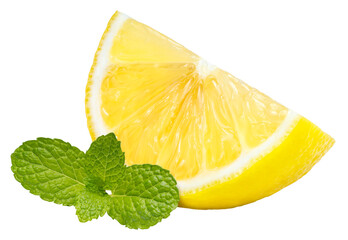 Citrus Lemon fruit with mint leaves isolated on white background, Citrus Lemon fruit with leaves isolated on white background With work path.PNG File. © MERCURY studio