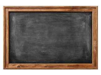 Empty, dark, rectangular chalkboard with a distressed wooden frame and chalk dust