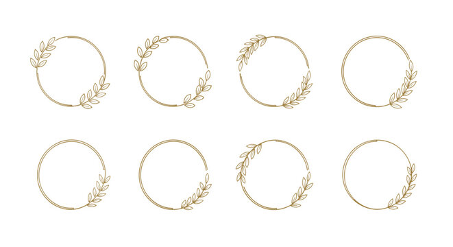Elegant minimalist leaf wreaths set: circular designs with gold accents