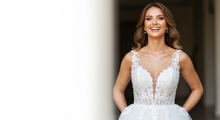 Naklejka premium Elegant and Radiant Bride in Stunning Lace Dress, Beaming with Confidence and Joy on Her Wedding Day