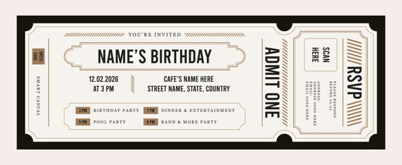 Vintage style invitation card template. Birthday ticket invitation in retro. Party ticket card design. © Budypiasa