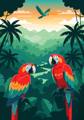 vibrant macaw parrots in a lush jungle landscape, a captivating vector illustration for your next creative project © Purnomo