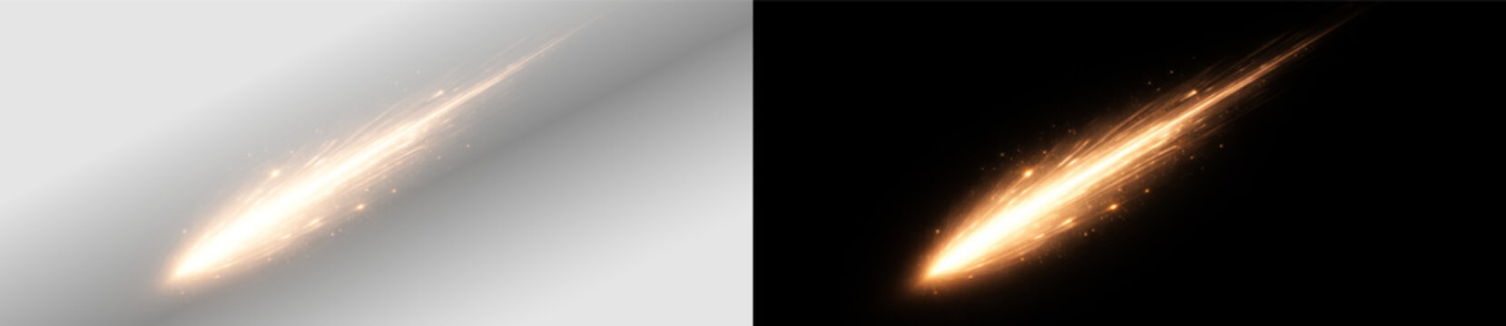 Golden comet light streak with glowing energy trail and cosmic sparkle abstract vector illustration on transparent background