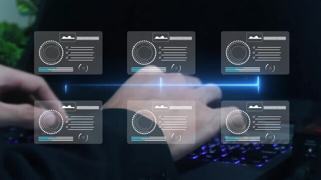 Businessman using laptop with digital task management dashboard overlay. Showing project status, task items, progress tracking.