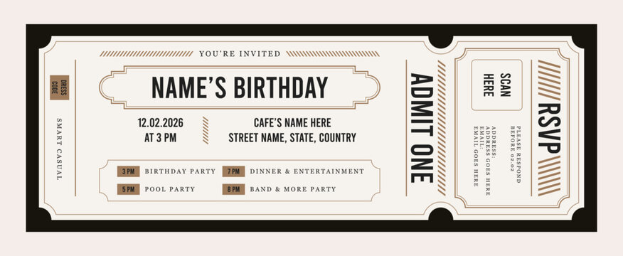 Vintage style invitation card template. Birthday ticket invitation in retro. Party ticket card design.