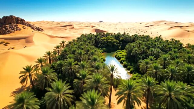 A lush green oasis teeming with palm trees thrives amidst golden desert dunes under a clear blue sky