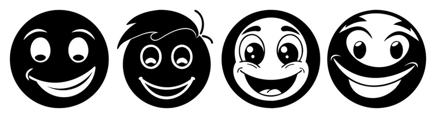 Fototapeta premium Four hand drawn black and white smiley face emojis showing different emotions isolated on white background vector illustration