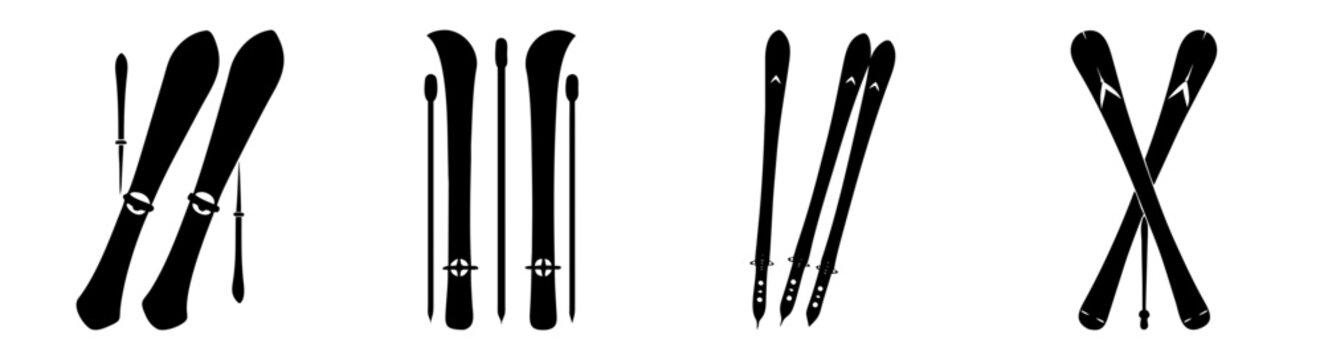 Set of black and white ski equipment icons isolated on white background for winter sports design