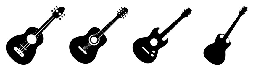 Fototapeta premium Set of five black electric guitars isolated on white background, musical instruments collection, studio product photography, vector illustration