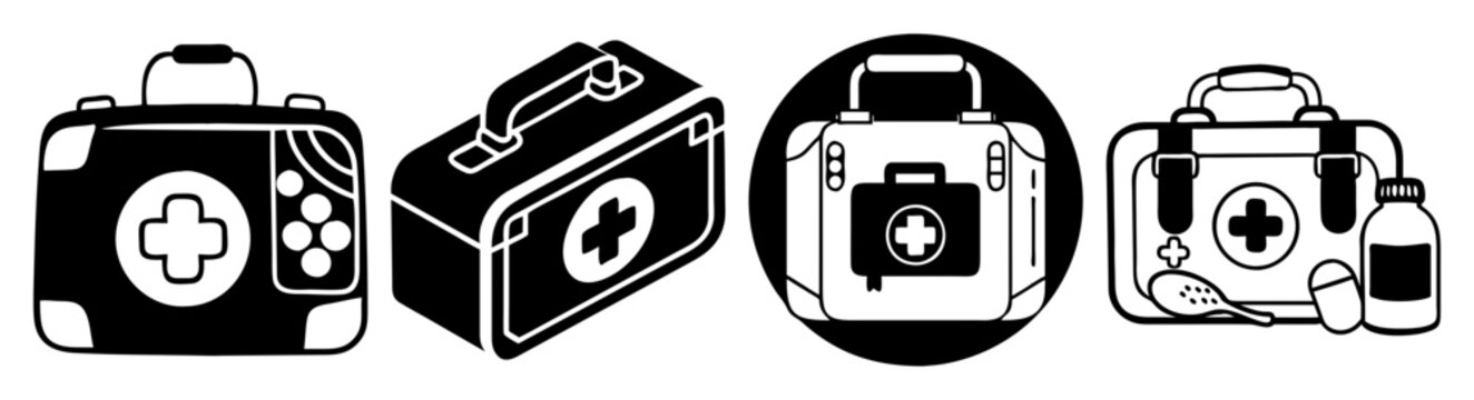 First aid kit medical supplies emergency preparedness set flat lay illustration vector isolated white background