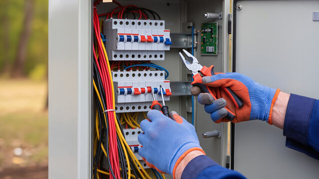 electrician at work, Safety gloves, Electrician working, Professional installation, System inspection, Hand tools, Safe procedure, Connecting power, Professional service, Repairing system, Gloves worn
