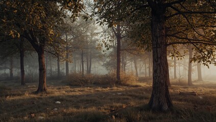 Obraz premium Foggy Forest Landscape in the Early Morning Light With Trees and Grass