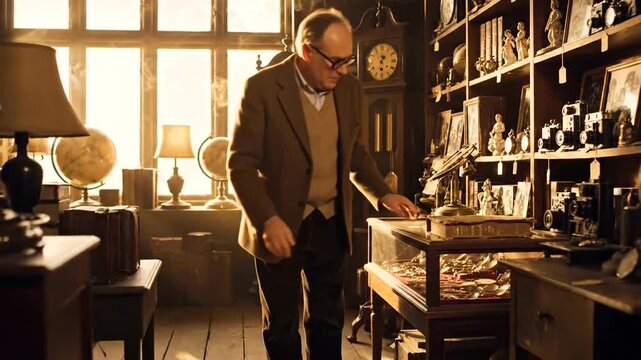 Man in study with globes, antique cameras, clocks, and artifacts