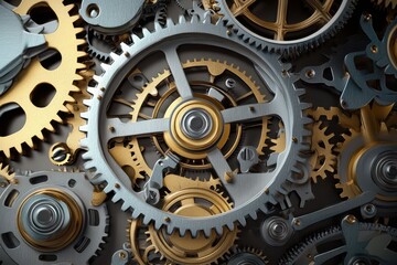 Intricate collection of silver and gold gears showcasing mechanical craftsmanship