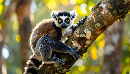 Fototapeta premium Ring-tailed Lemur Sitting on Tree Branch.
