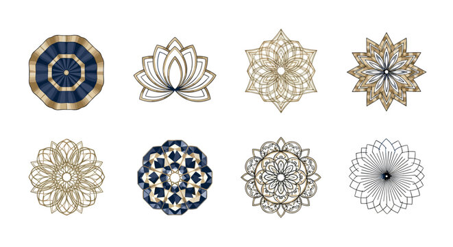 Elegant geometric and floral mandala designs in gold and navy