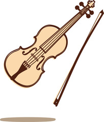 Classical violin with bow vector illustration, musical string instrument isolated on transparent background