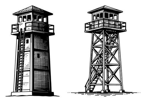 Vintage style engraving of a military guard tower or prison watchtower structure in two variations