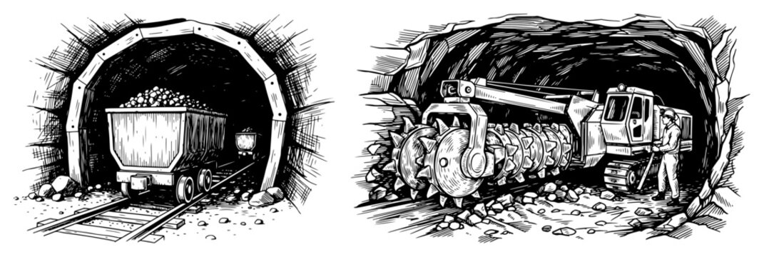 Collection of industrial mining scenes featuring tunnels with a mine cart and heavy machinery