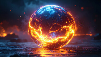 Obraz premium Radiant Orange and Blue Energy Sphere with Electrical Arcs and Smoke on Dark Ground
