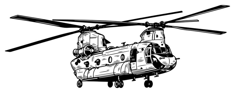Military heavy lift cargo helicopter with tandem rotors vintage engraving illustration