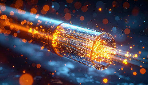 Transparent Fiber Optic Cable with Fiery Light Pulses, High-Speed Data Concept