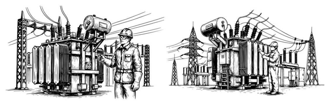 Electrical engineer inspecting high voltage power transformer at substation vintage engraving