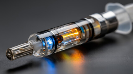 Medical syringe with glowing energy visualization, advanced biohacking injection with synthetic compounds, wellness enhancement delivery, performance optimization technology, with 
